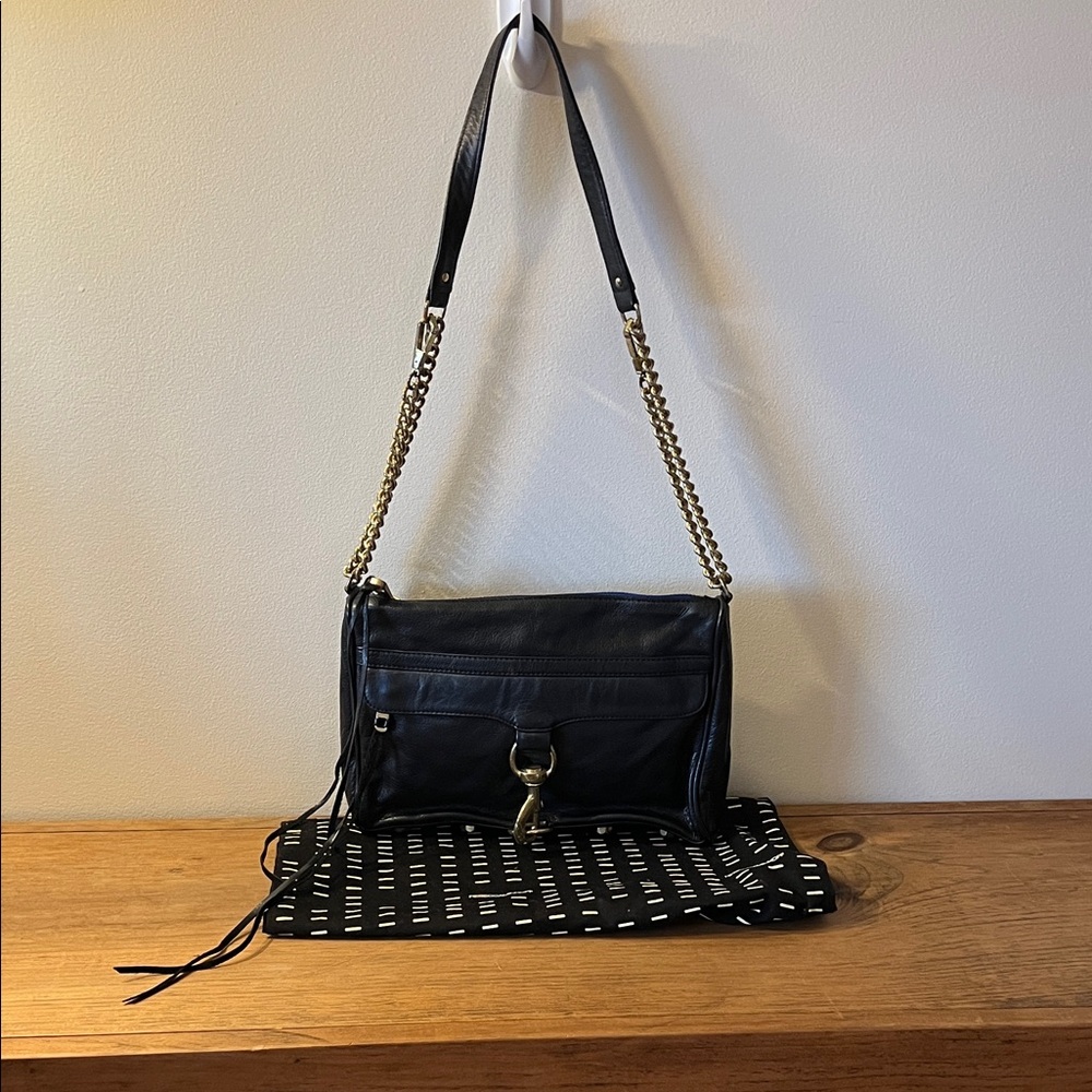 Rebecca Minkoff Black Leather Chain Strap Gold Hardware Crossbody Shoulder Bag